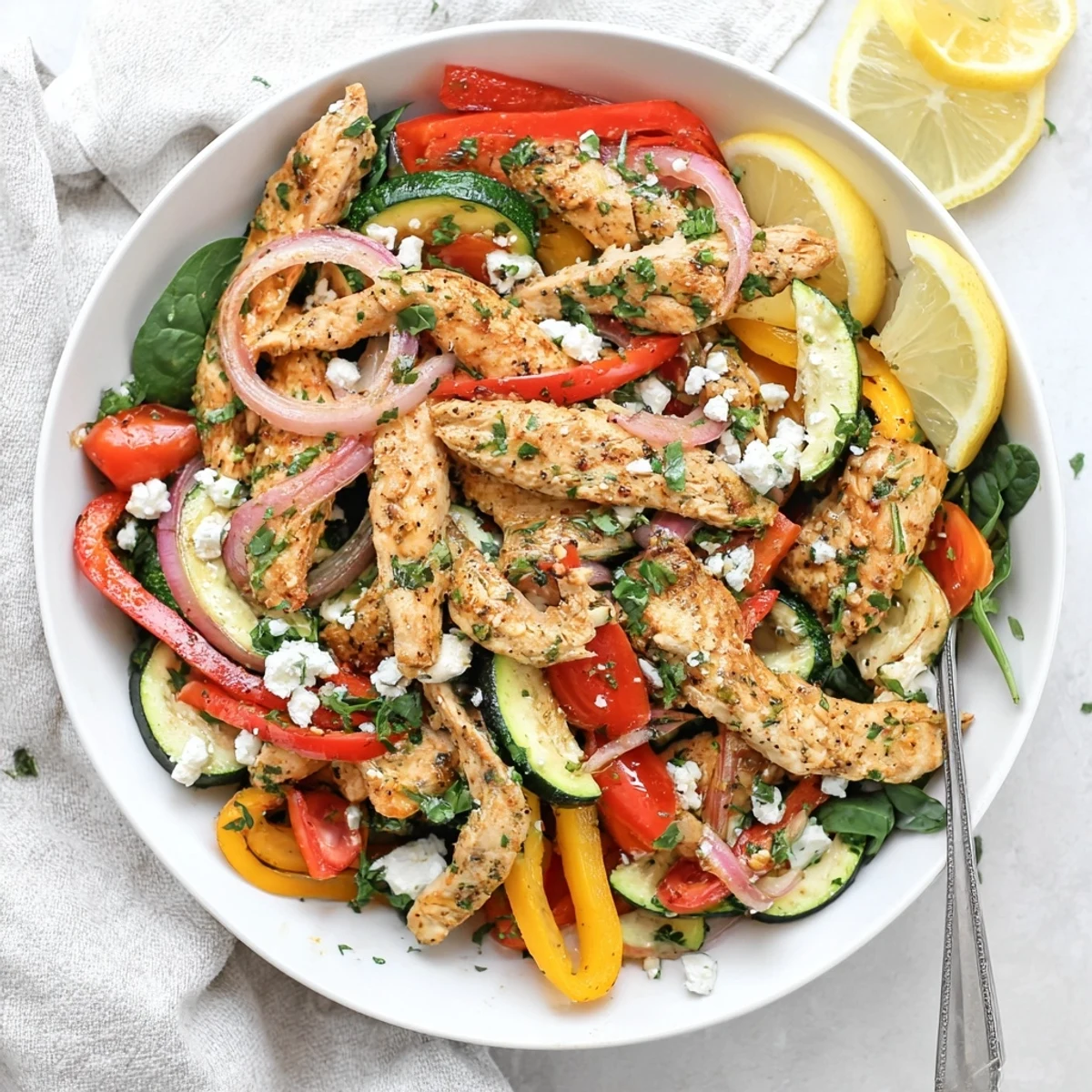 Savory gluten-free skillet meal with juicy chicken, red and yellow peppers, and fresh spinach in this easy Mediterranean chicken stir fry
