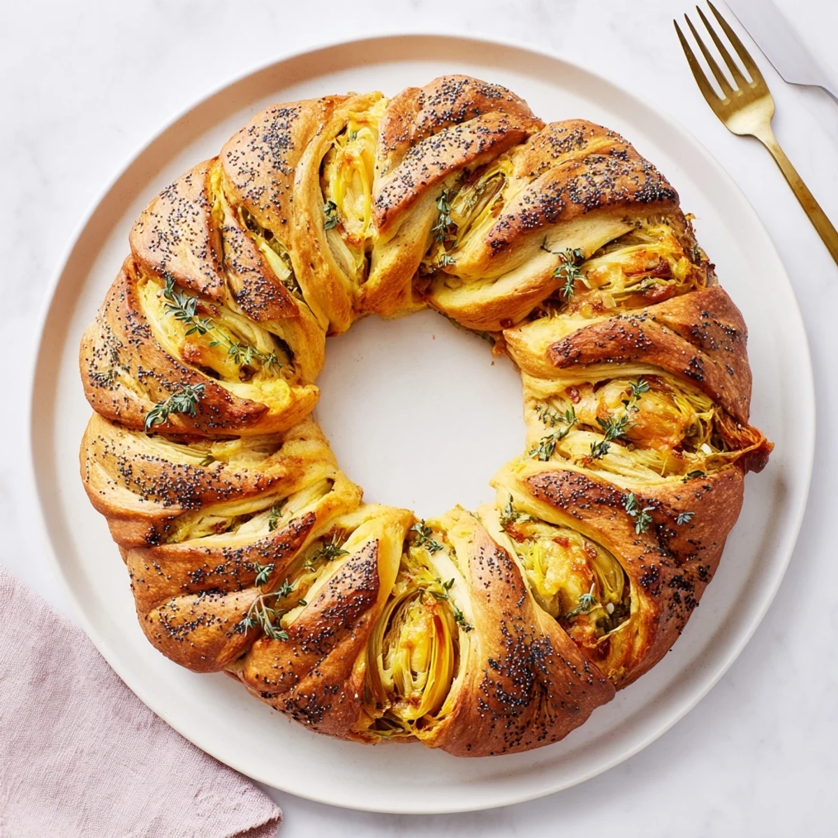 Golden caramelized onion Gruyere stuffed bread wreath with melted cheese layers and poppy seed garnish