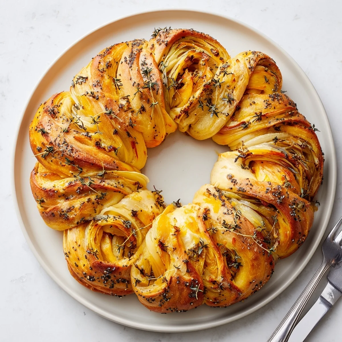 Pull-apart caramelized onion Gruyere stuffed bread wreath showing golden crust and gooey cheese filling