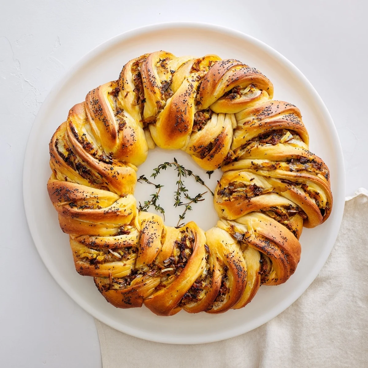 Savory caramelized onion Gruyere stuffed bread wreath arranged in a festive ring with fresh thyme