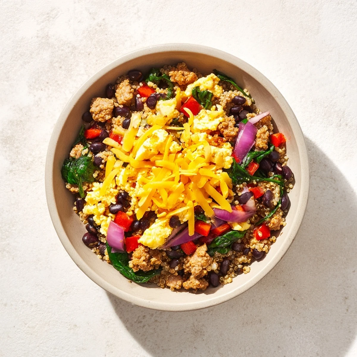 High protein freezer friendly breakfast bowls with scrambled eggs, sausage, vegetables, and quinoa ready for meal prep