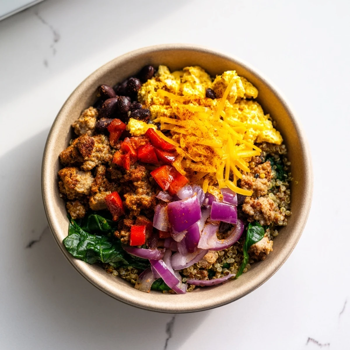Colorful high protein breakfast bowl featuring eggs, black beans, bell peppers, and cheese over fluffy grains