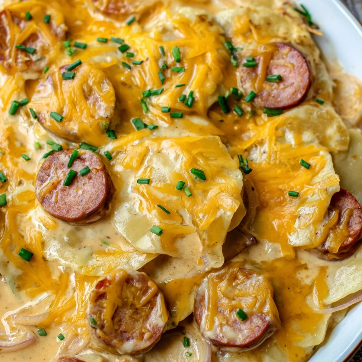 Slow cooker Crock Pot Pierogi Casserole bubbling with melted cheddar and sliced kielbasa on top