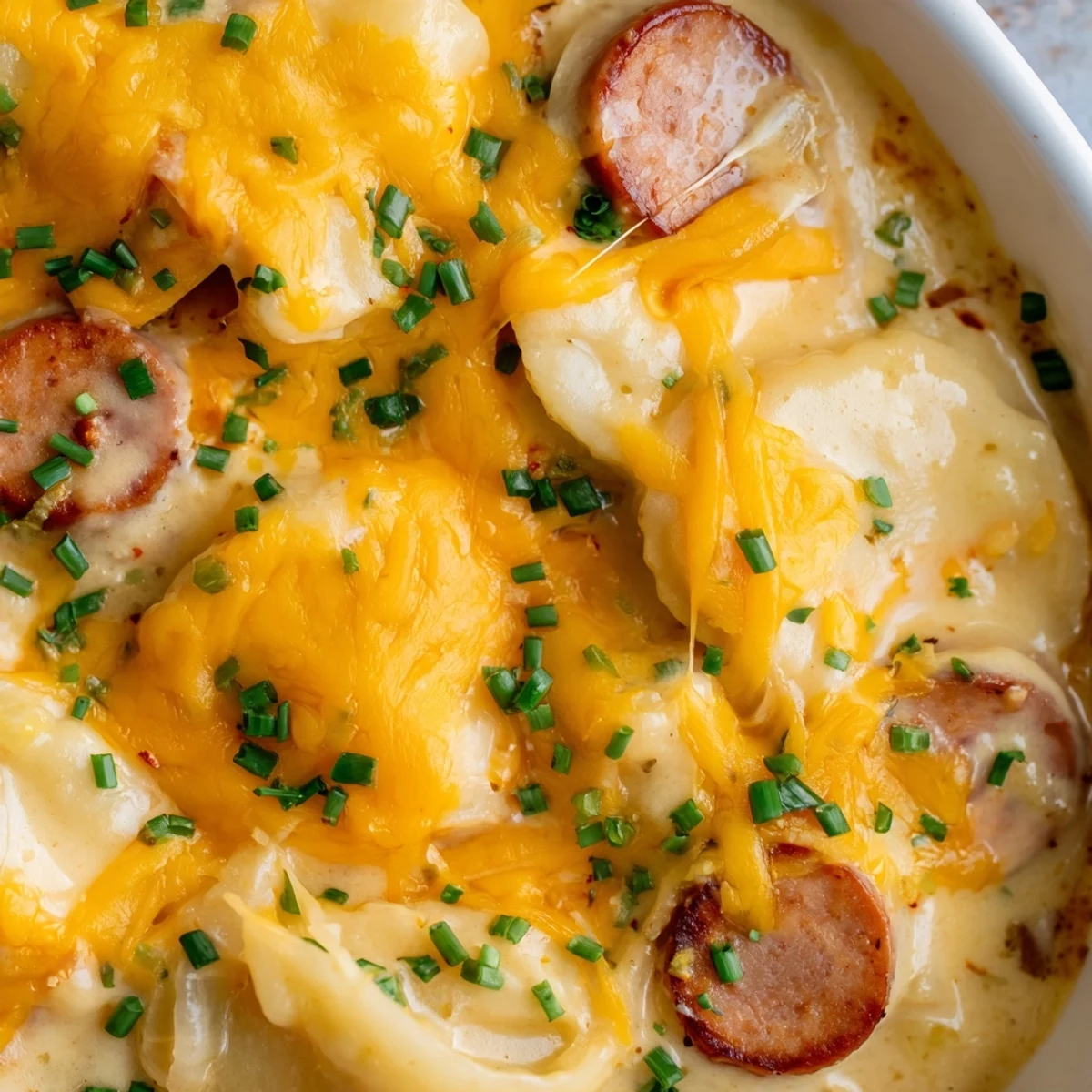 Hearty Crock Pot Pierogi Casserole featuring tender pasta rounds and savory sausage in a rich cheesy sauce
