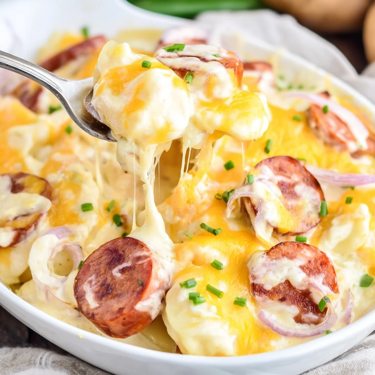 Golden pierogi layered with smoky kielbasa in a creamy sauce, garnished with fresh green chives