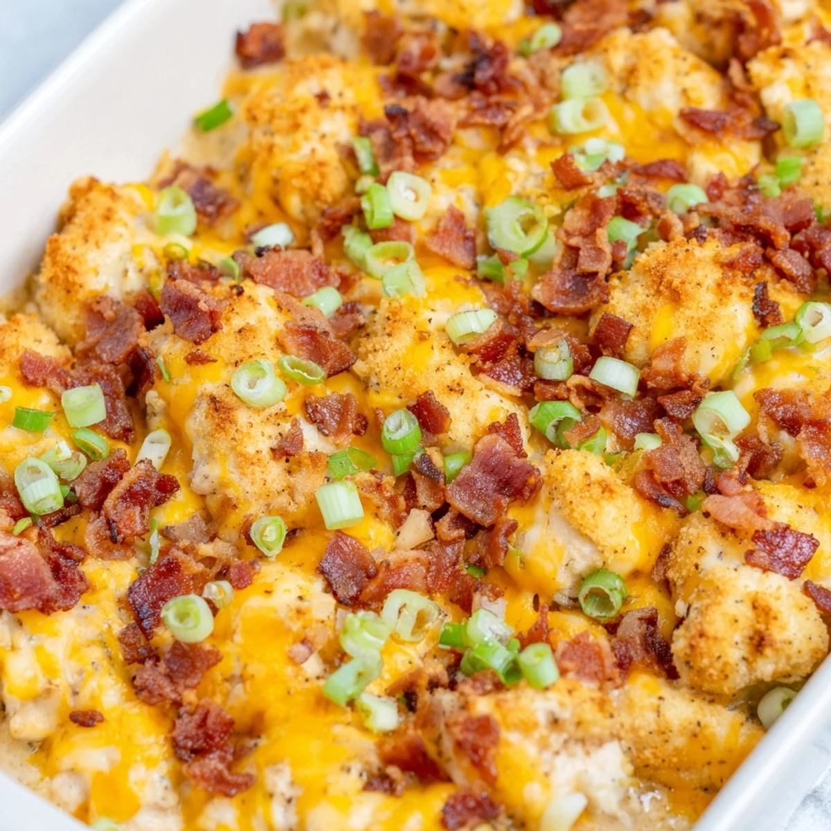 Creamy crack chicken baked with melted cheddar cheese and crispy bacon crumbles on top