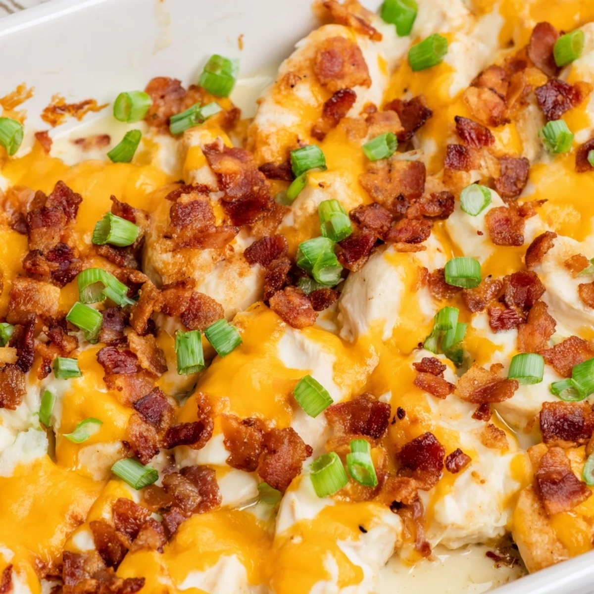 Golden baked crack chicken breasts topped with bubbly cheese ranch sauce and bacon