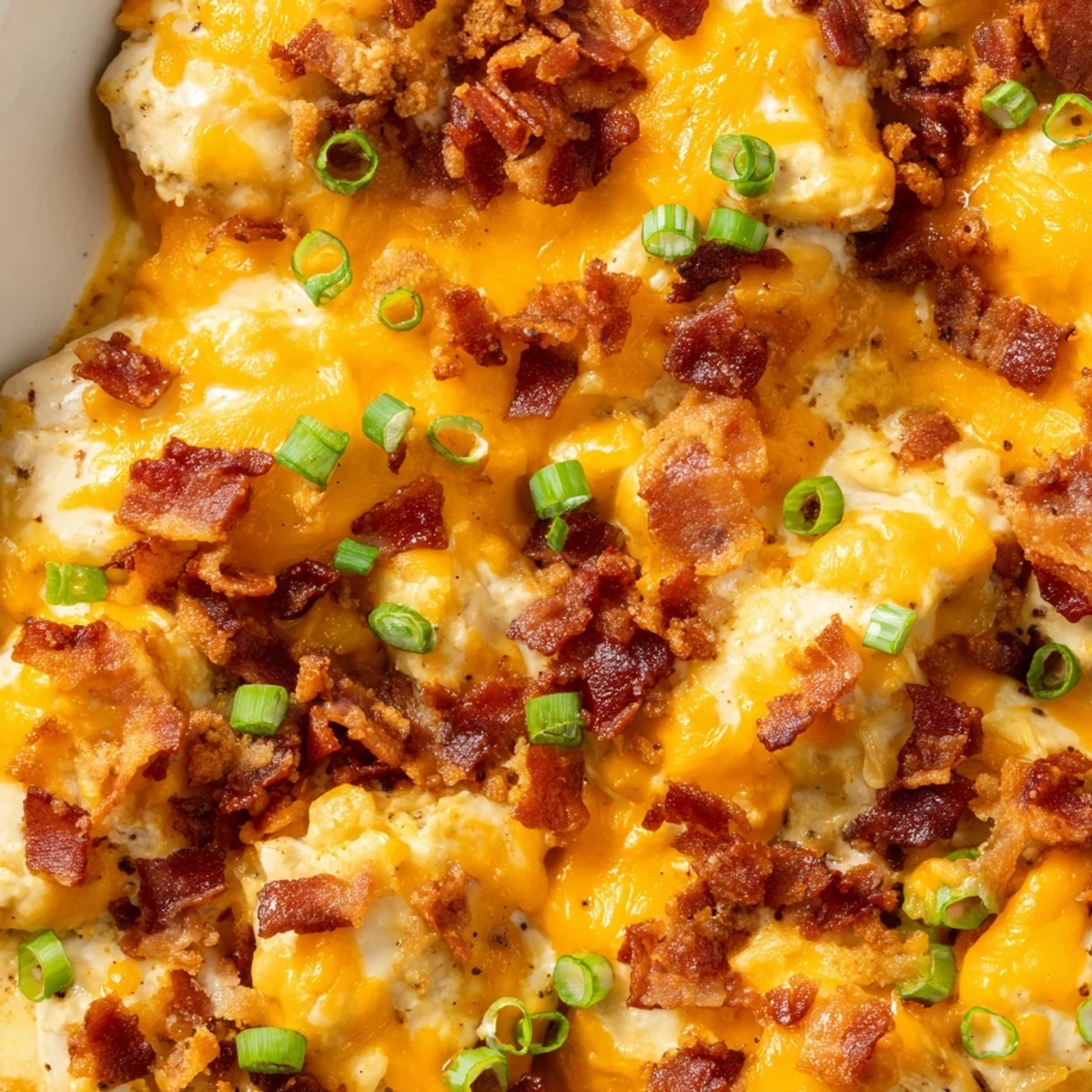 Serving of hot crack chicken with creamy ranch coating cheddar and green onion garnish