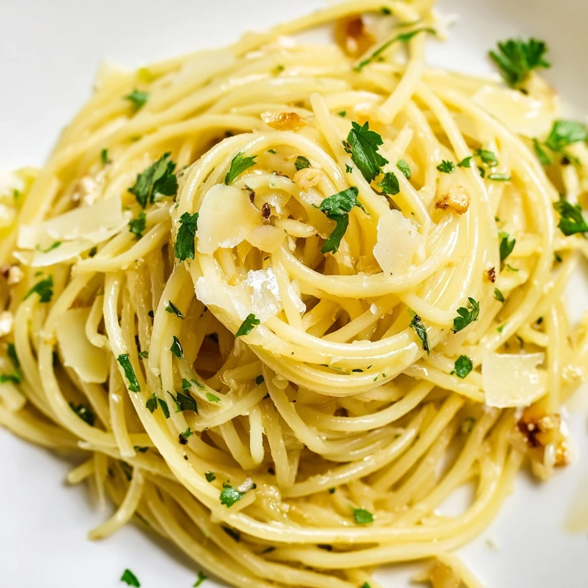 Close up of one pot garlic butter pasta twirled on a fork with lemon zest and parmesan
