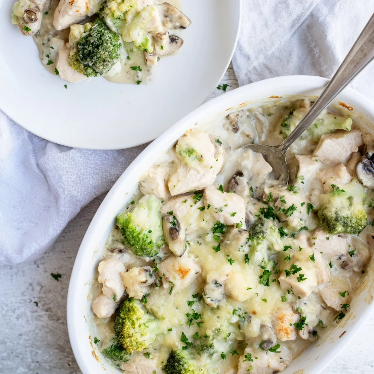 Golden bubbly creamy low carb chicken casserole topped with melted mozzarella and fresh parsley