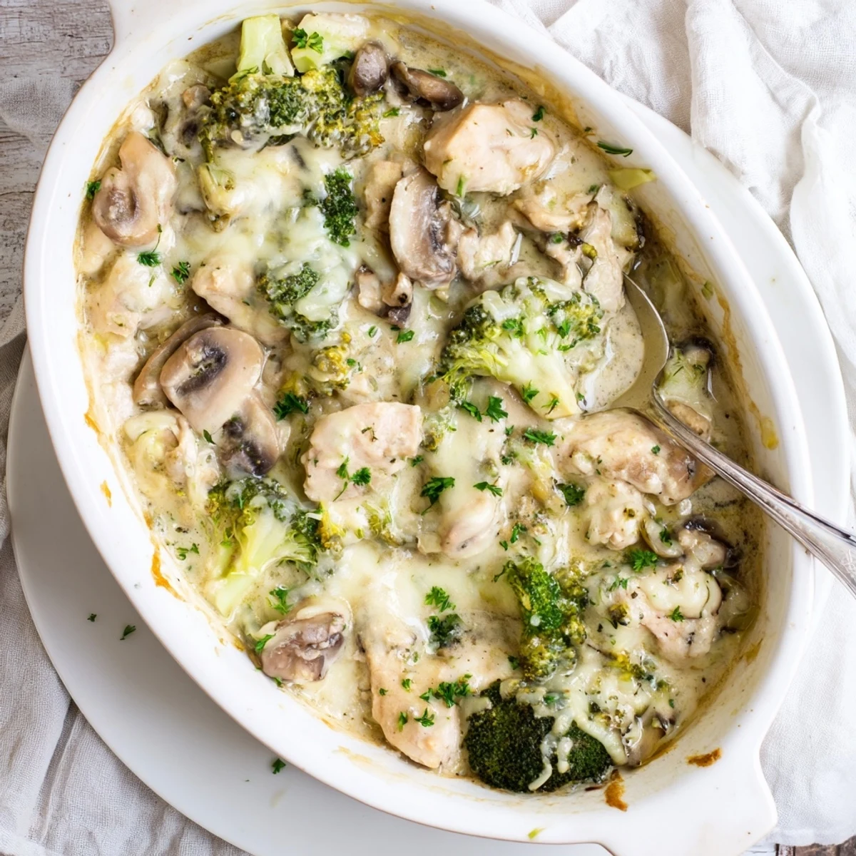 Baked low carb chicken casserole with mushrooms and vegetables in a velvety cheese sauce