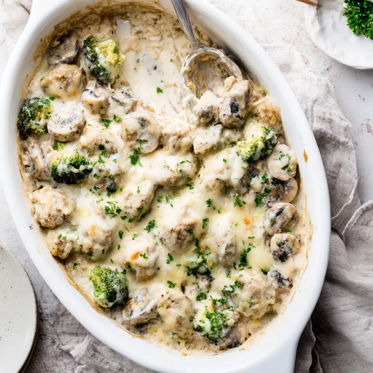 Tender chicken and broccoli florets swimming in rich parmesan cream sauce in this low carb chicken casserole