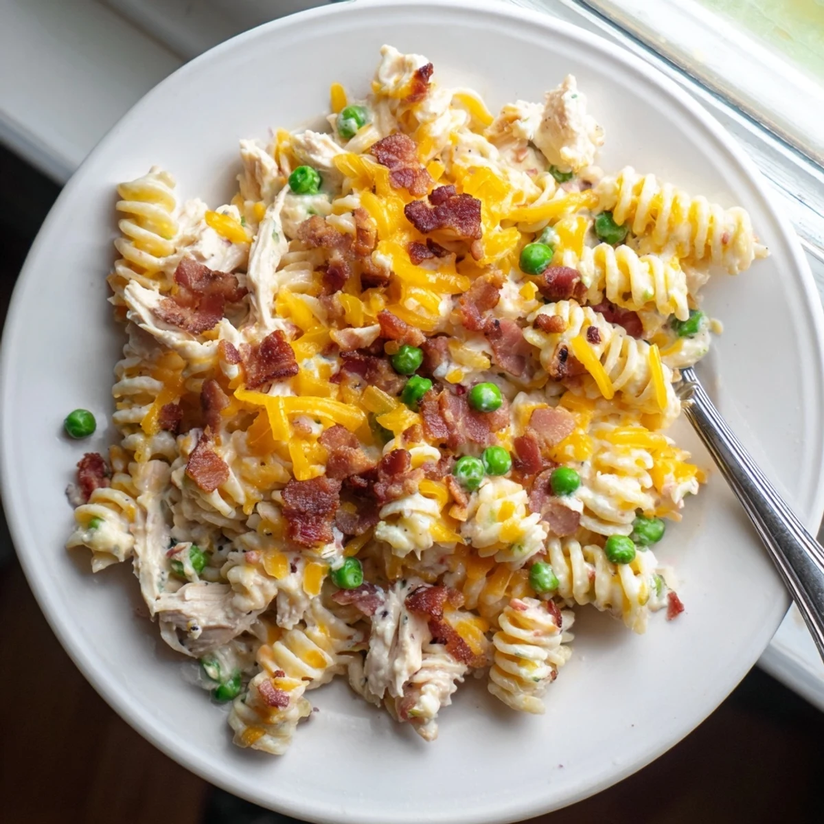 Creamy Crock Pot crack chicken casserole topped with melted cheddar and crispy bacon crumbles