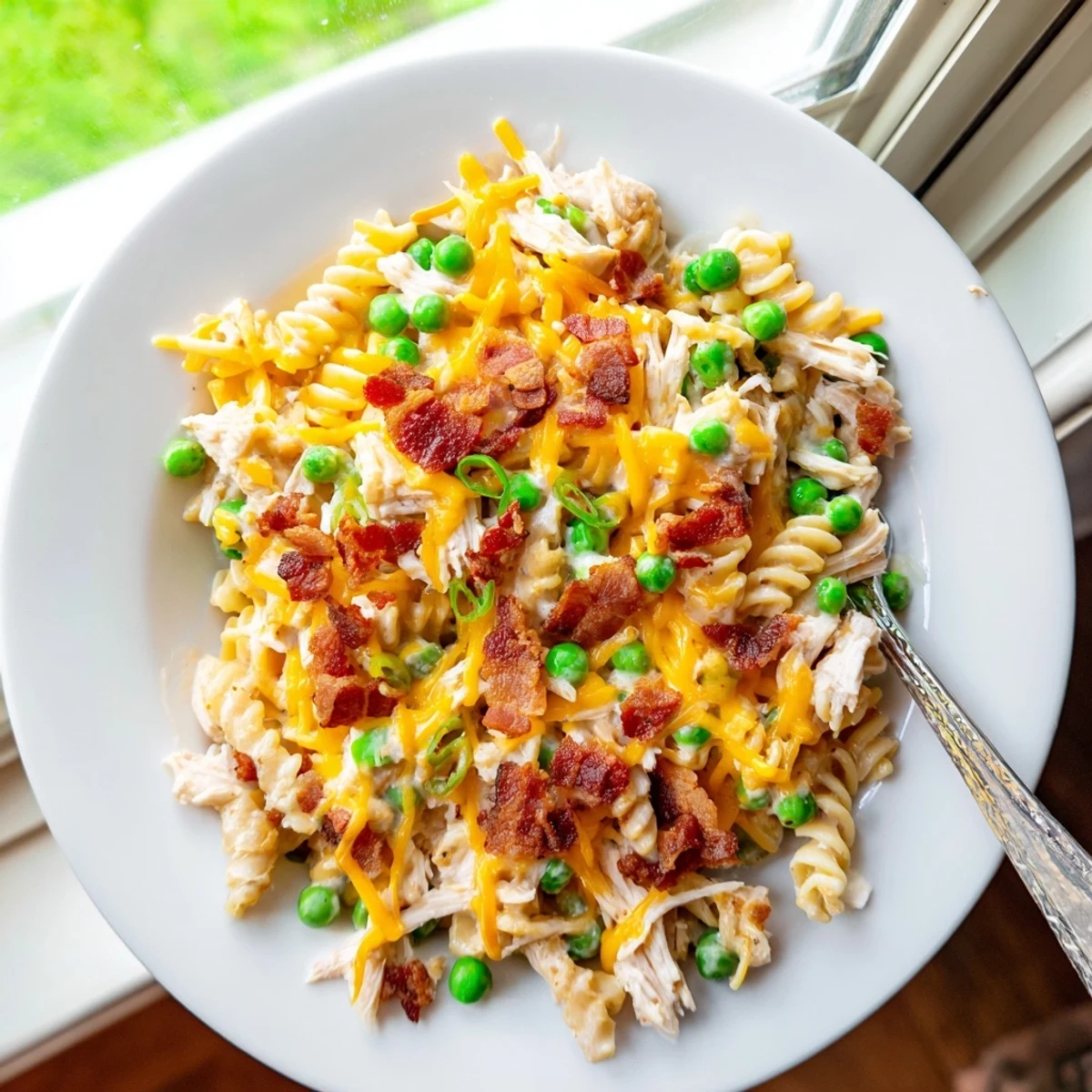 Rich and cheesy crack chicken casserole featuring shredded chicken, bacon bits, and green onion garnish
