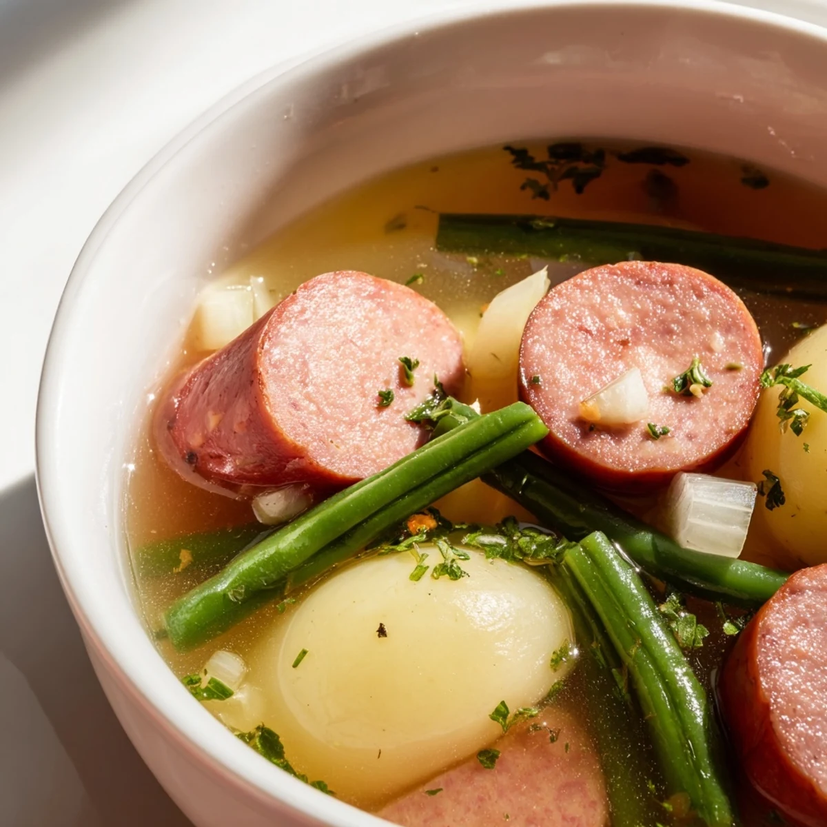 Slow cooker Crockpot Kielbasa and Green Beans with tender potatoes in savory broth