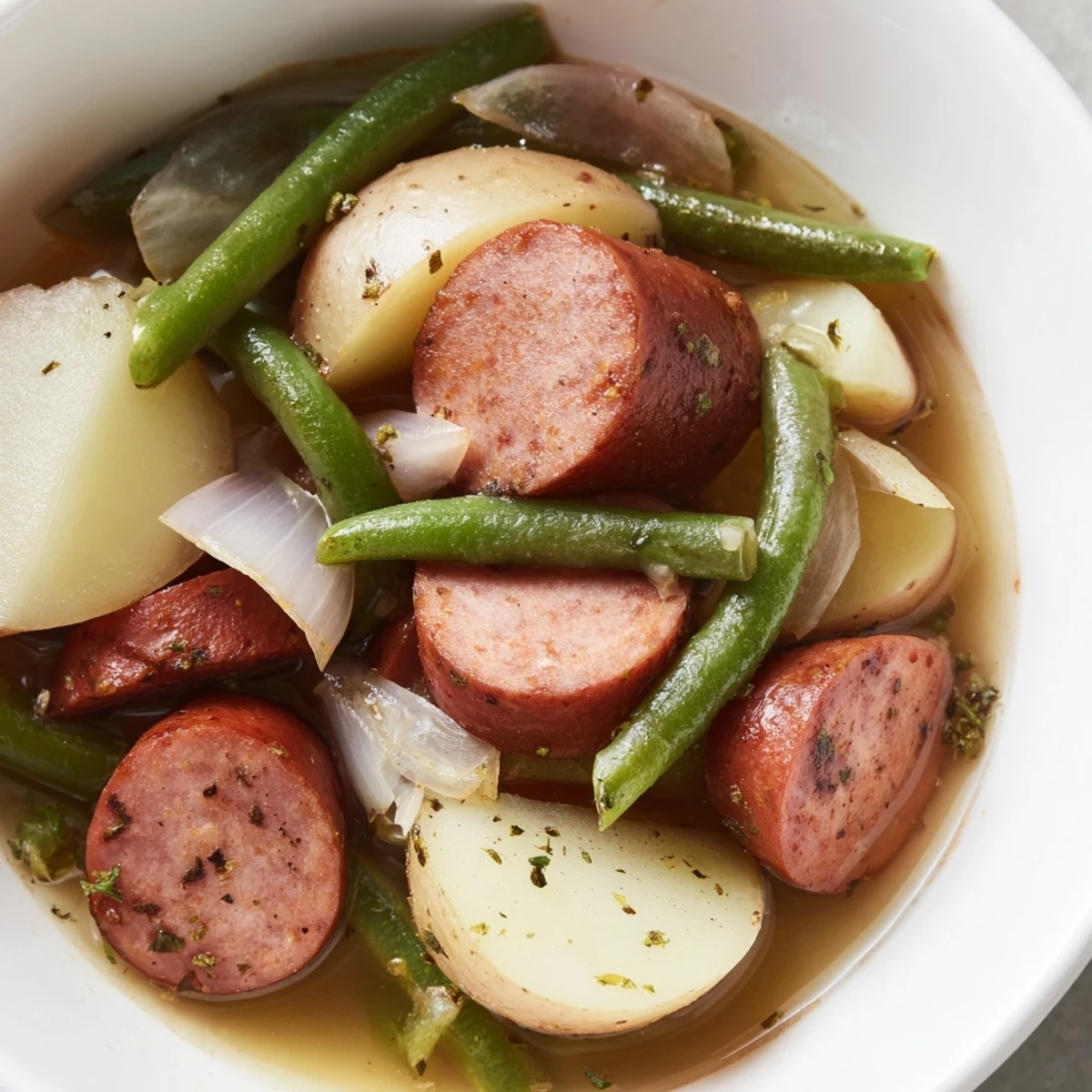 Golden brown kielbasa slices nestled with crisp green beans and baby potatoes