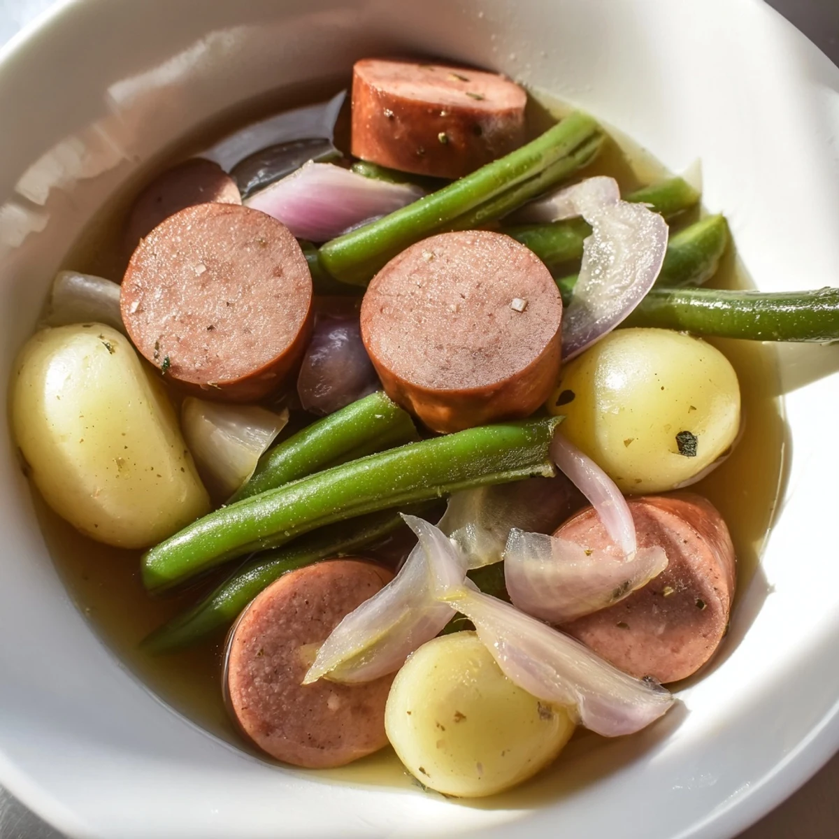 Hearty Crockpot Kielbasa and Green Beans bowl featuring smoked sausage with tender vegetables