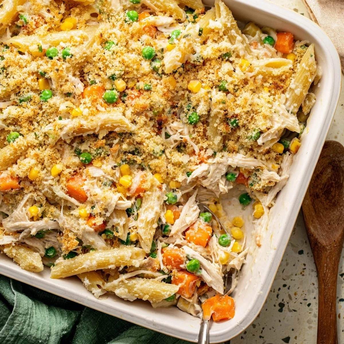 Creamy chicken pot pie pasta casserole featuring tender pasta chunks and colorful vegetables in rich sauce