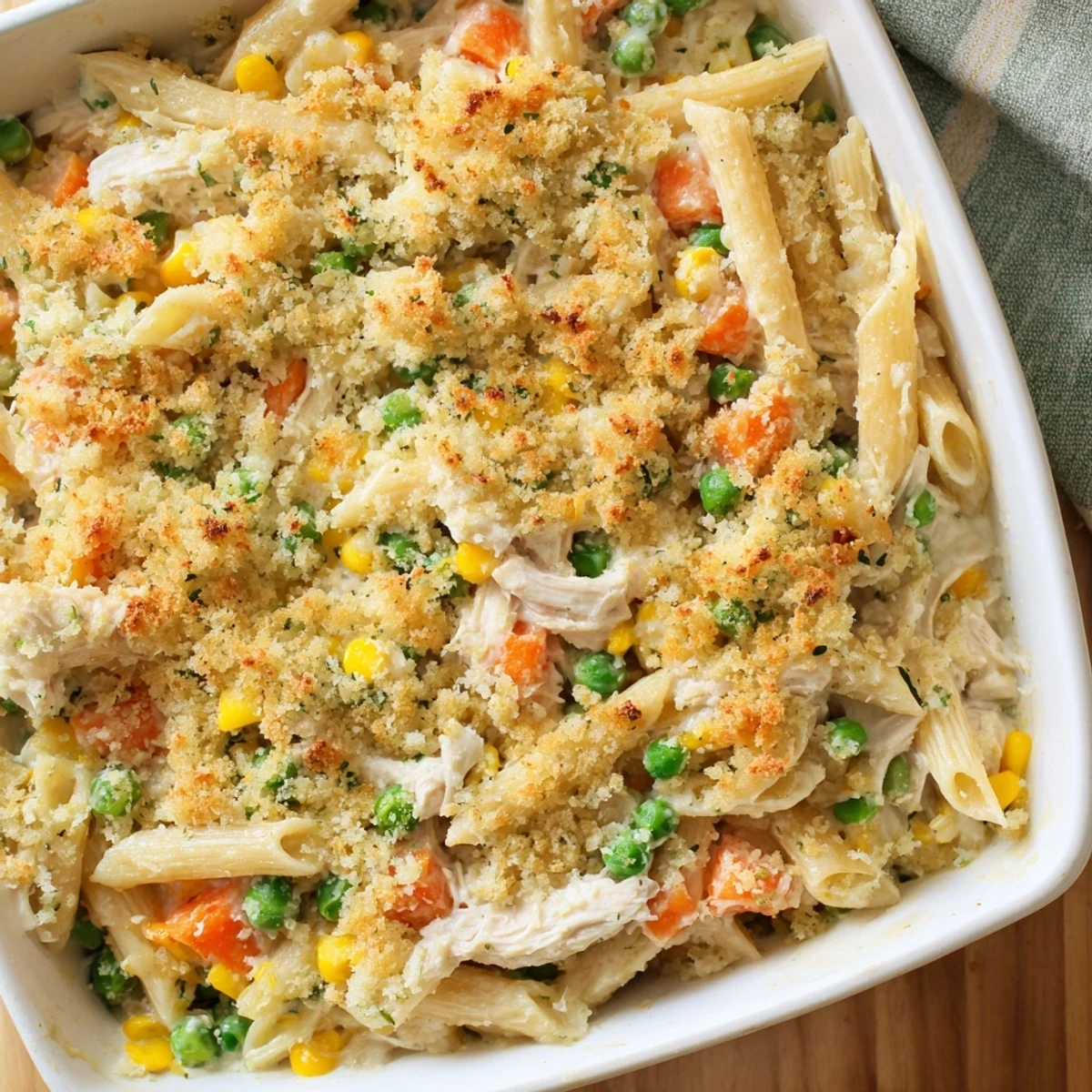 Hearty chicken pot pie pasta baked until golden with savory breadcrumb topping and melted cheese garnish