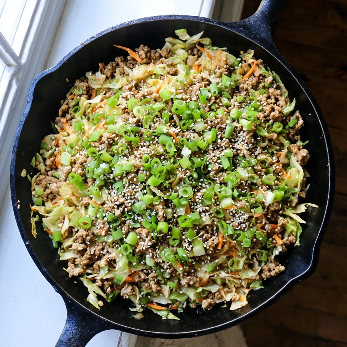 Savory keto egg roll in a bowl skillet with ground pork, cabbage, and carrots garnished with sesame seeds