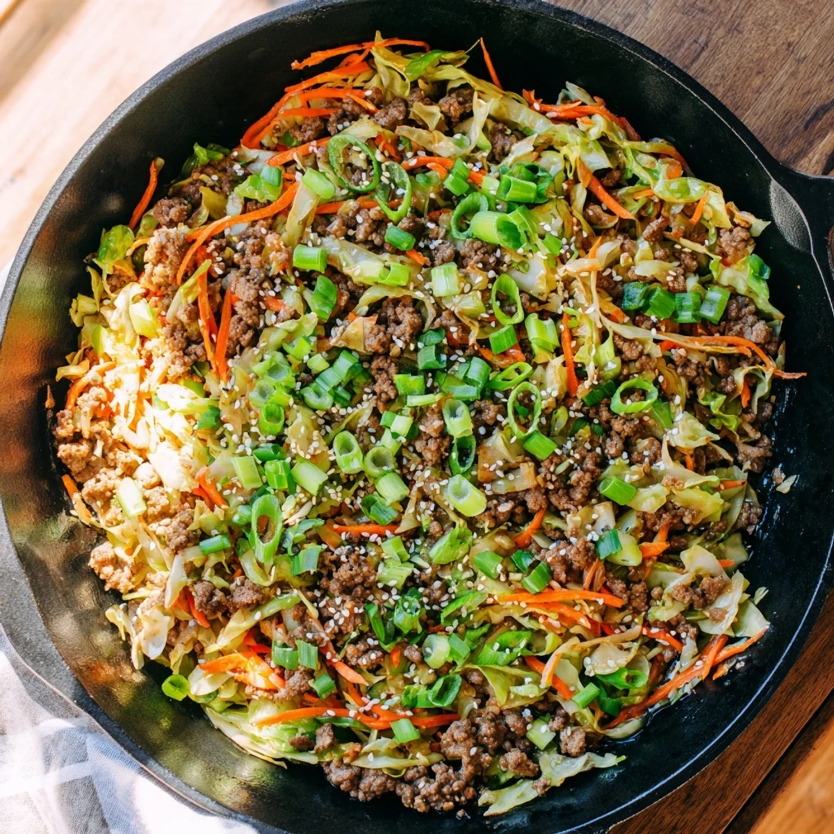 One skillet egg roll in a bowl featuring crispy vegetables and seasoned ground pork in a low-carb meal