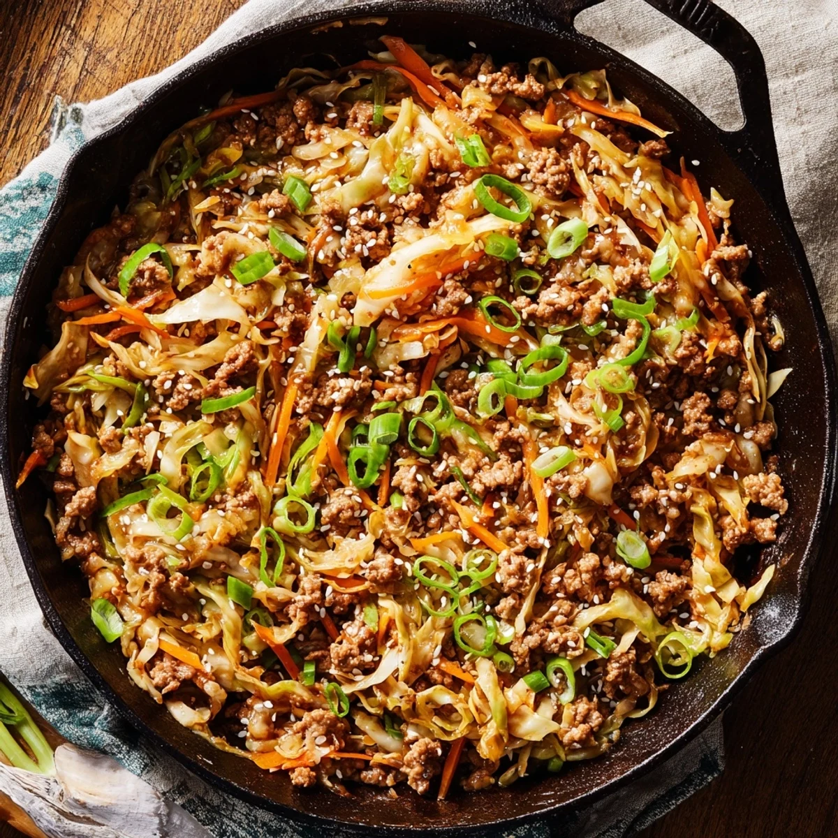 Golden brown pork and colorful cabbage create this delicious egg roll in a bowl served hot from the pan