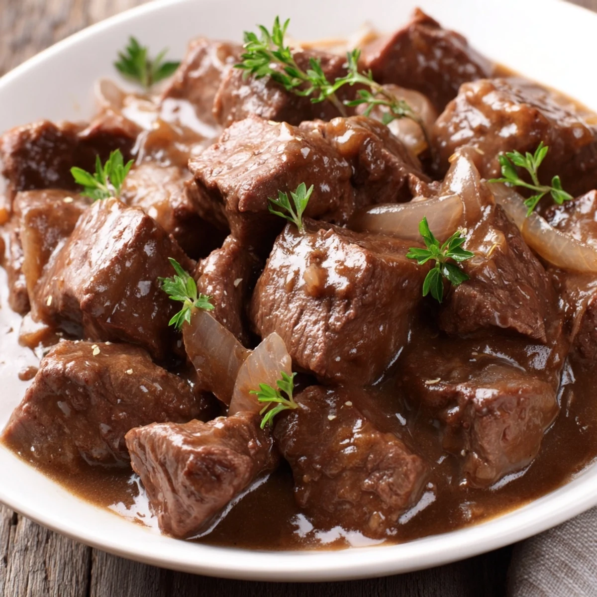 Hearty slow cooker beef tips and gravy in a deep bowl with crusty bread