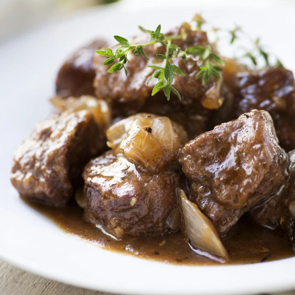 Tender beef tips and gravy served with egg noodles and garnished with fresh parsley