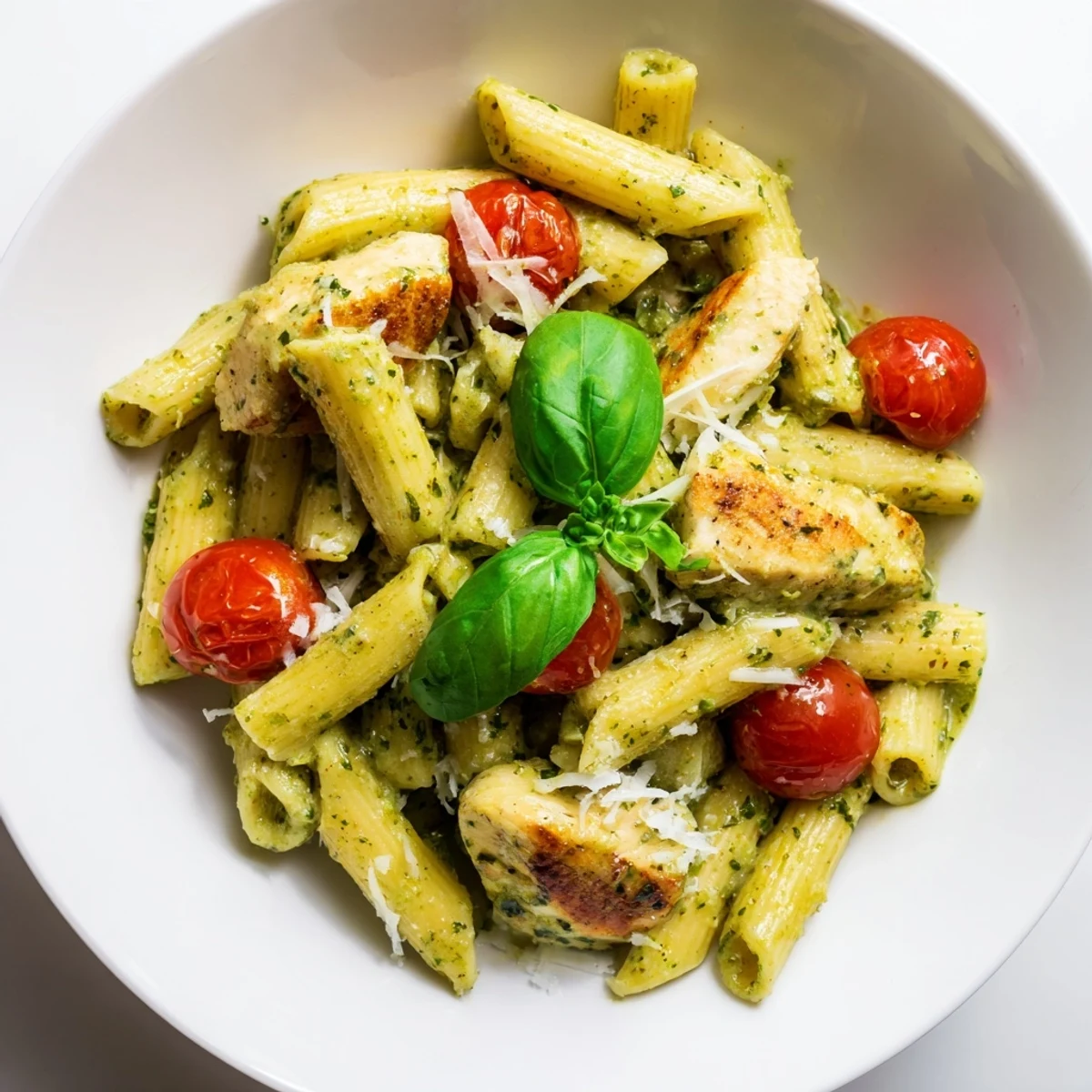 Steamy bowl of creamy pesto chicken pasta garnished with fresh basil and grated Parmesan cheese