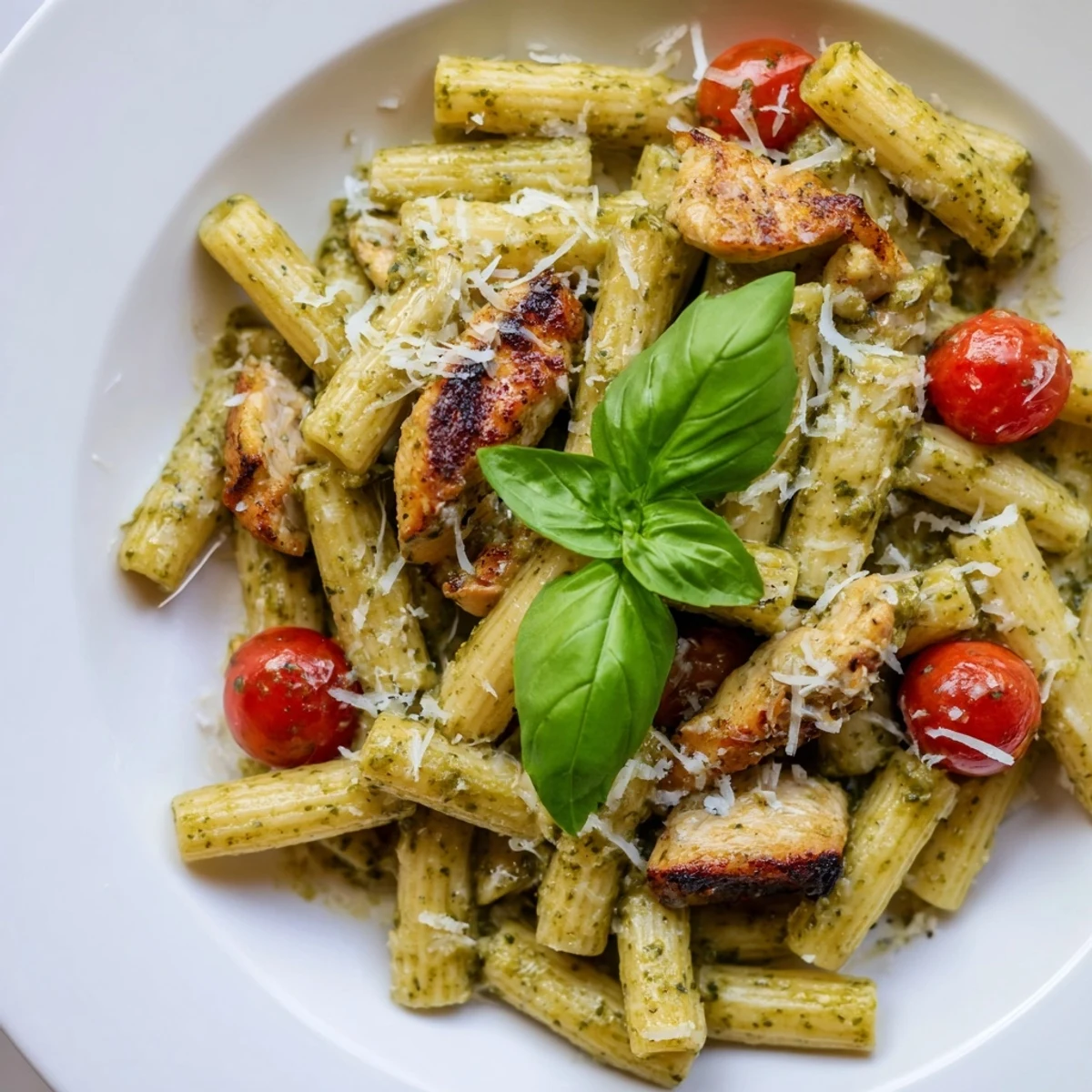 Creamy pesto chicken pasta with tender golden chicken pieces coated in rich green basil sauce