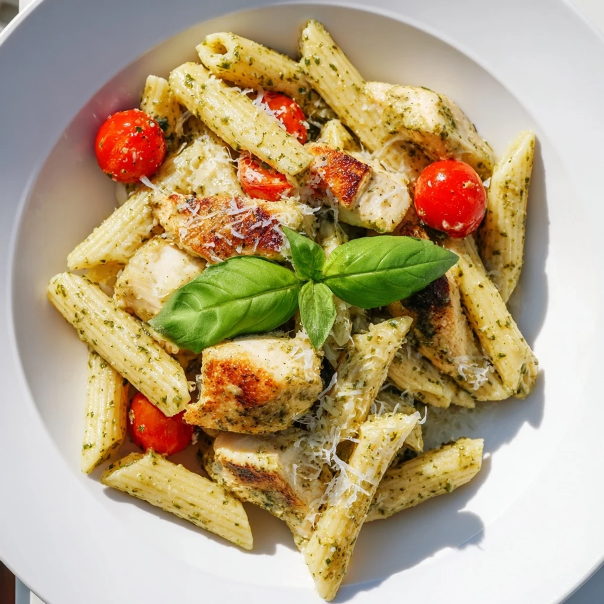 Close-up of creamy pesto chicken pasta featuring al dente noodles tossed in velvety homemade sauce