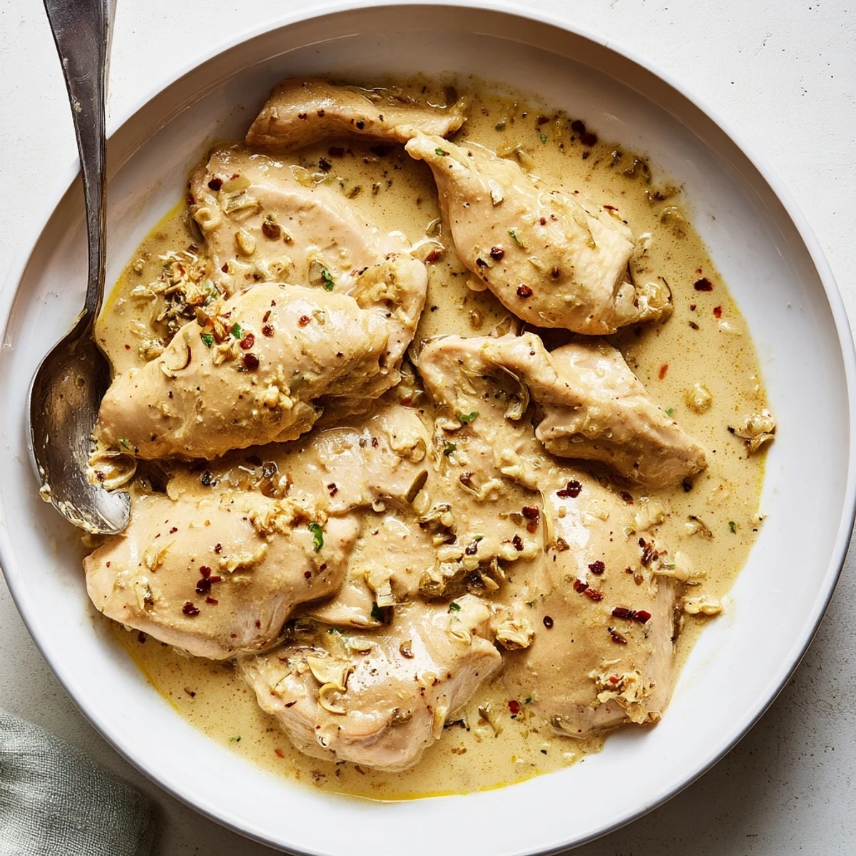 Tender slow-cooked chicken thighs coated in a luscious white gravy over mashed potatoes