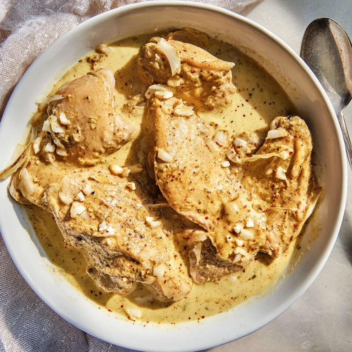 Succulent boneless chicken thighs simmered to perfection in a savory cream gravy crockpot meal
