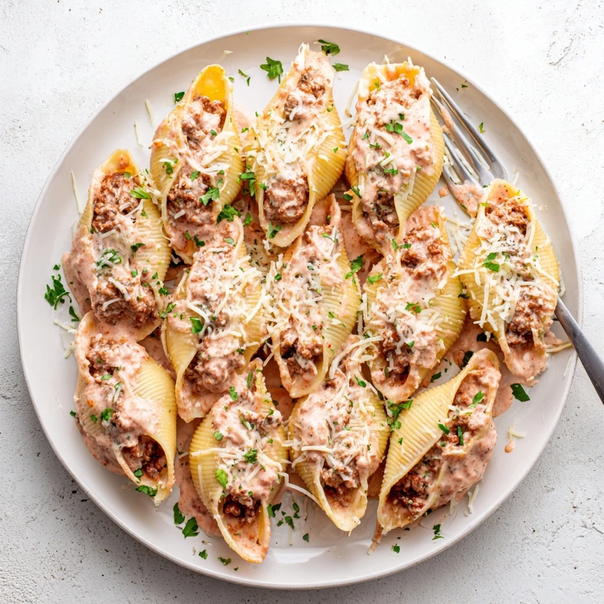 Baked creamy beef stuffed shells arranged in a baking dish, topped with golden melted mozzarella and Parmesan over a bed of marinara