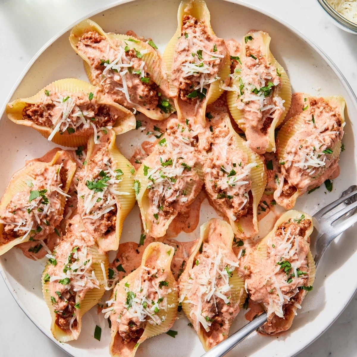 Close up of tender pasta shells oozing beef and ricotta filling, garnished with fresh parsley and served in a comforting Italian-American casserole