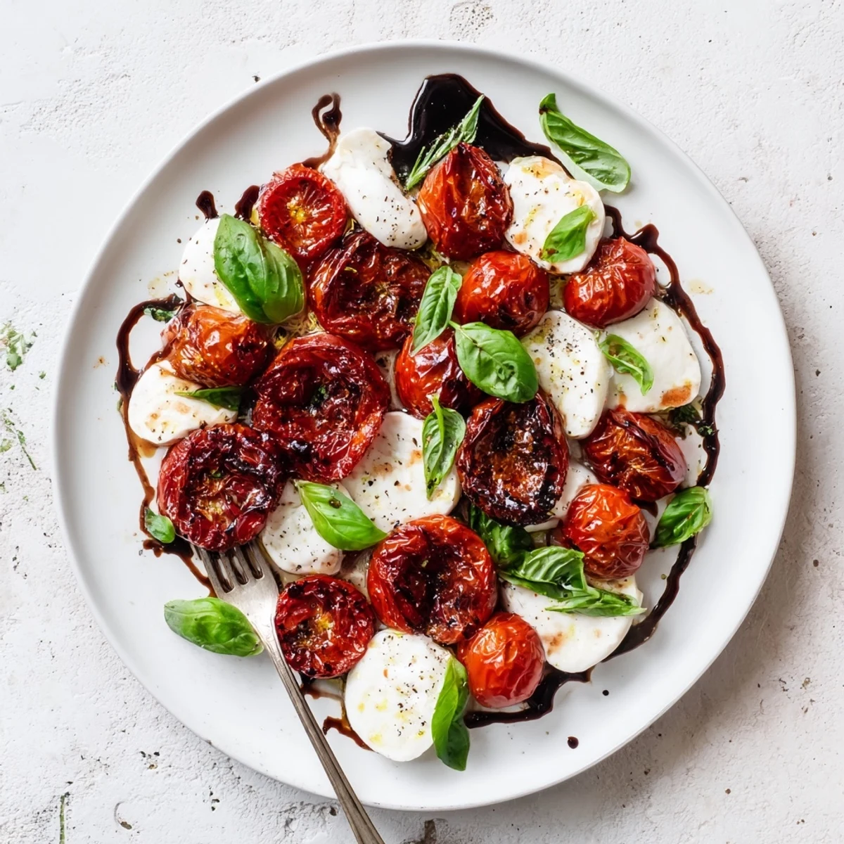 Roasted tomato Caprese salad features caramelized cherry tomatoes with fresh mozzarella and basil