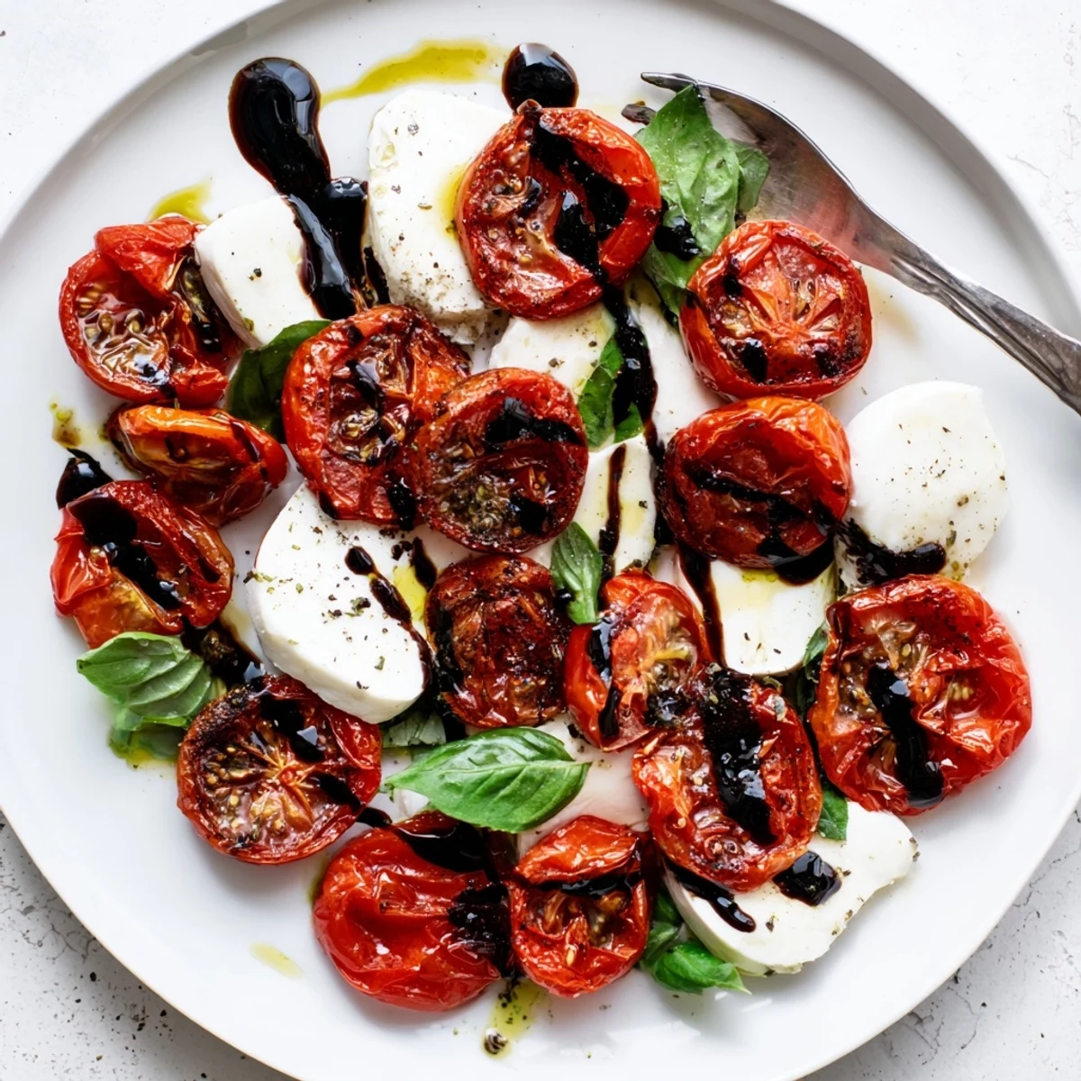 Golden roasted tomatoes layered with creamy mozzarella in this colorful Caprese salad platter