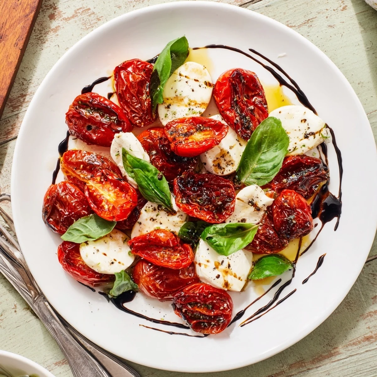 Balsamic glazed Caprese salad with sweet roasted tomatoes and fresh basil on white serving dish