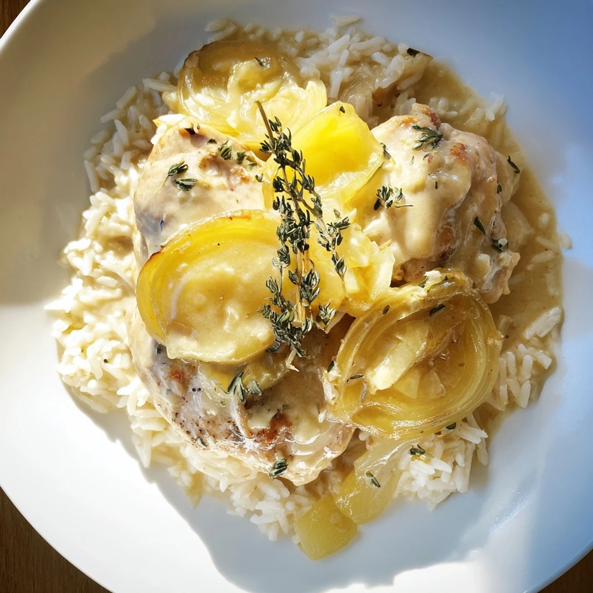 Creamy French onion chicken with rice features golden brown chicken atop tender grains in a rich cheesy sauce.