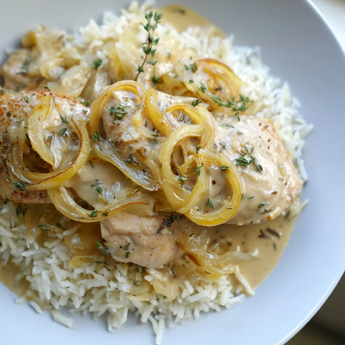 Tender chicken breasts rest on fluffy rice with sweet onions and cream sauce in this hearty French onion chicken rice bowl.