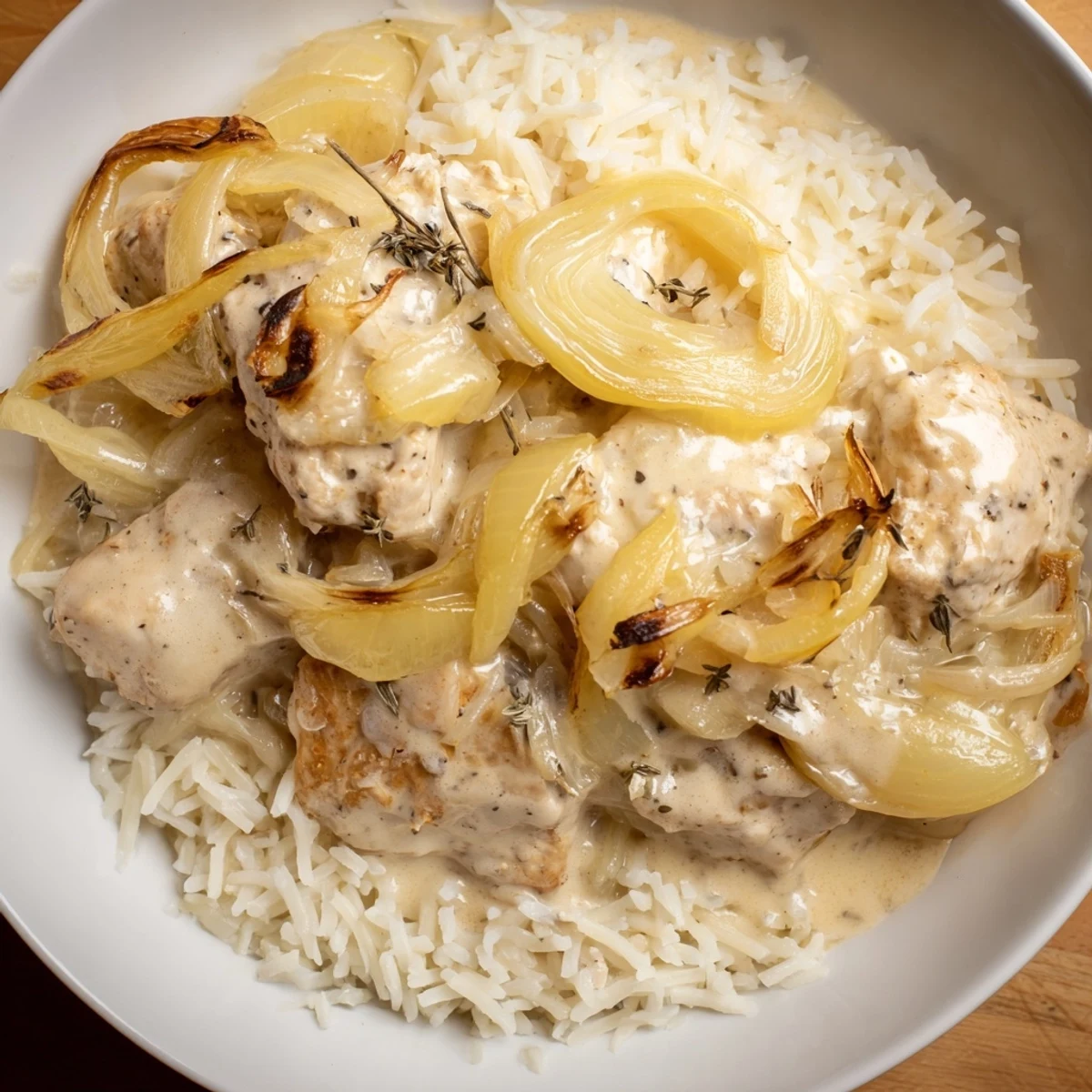 Savory caramelized onions and melted Gruyère cheese coat this comforting French onion chicken rice dish in a creamy broth.