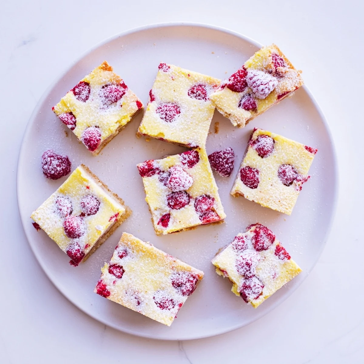 Freshly baked lemon raspberry bars cut into squares with powdered sugar dusting on a white serving plate
