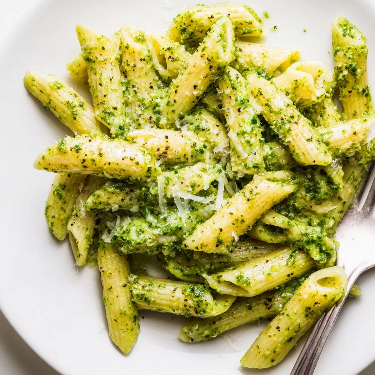 Creamy pesto pasta coated in rich basil parmesan sauce garnished with fresh green leaves