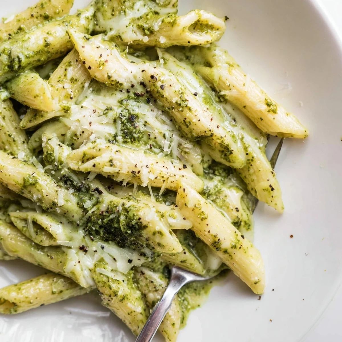 Steaming plate of creamy pesto pasta twirled with bright green basil sauce and cheese