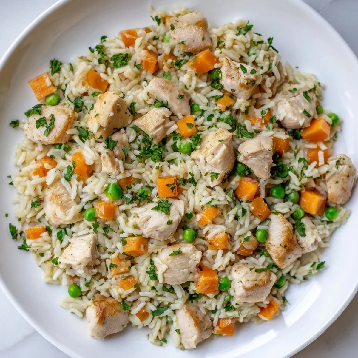 Steam rises from a bowl of savory chicken and rice pressure cooker dinner dotted with bright orange carrots and green peas