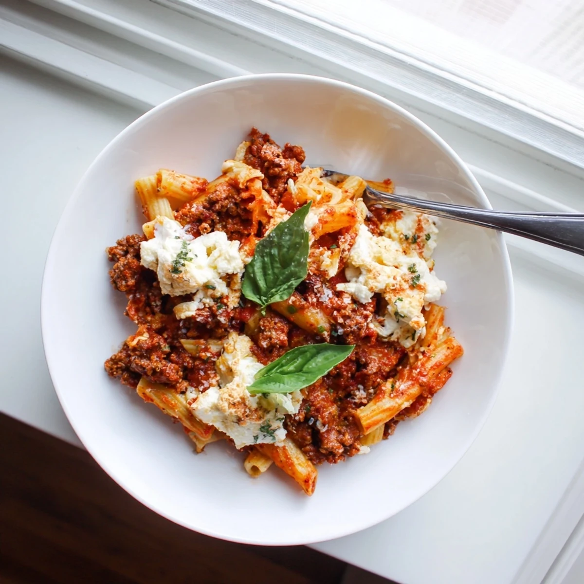 Creamy ricotta and Italian sausage baked ziti served piping hot from slow cooker