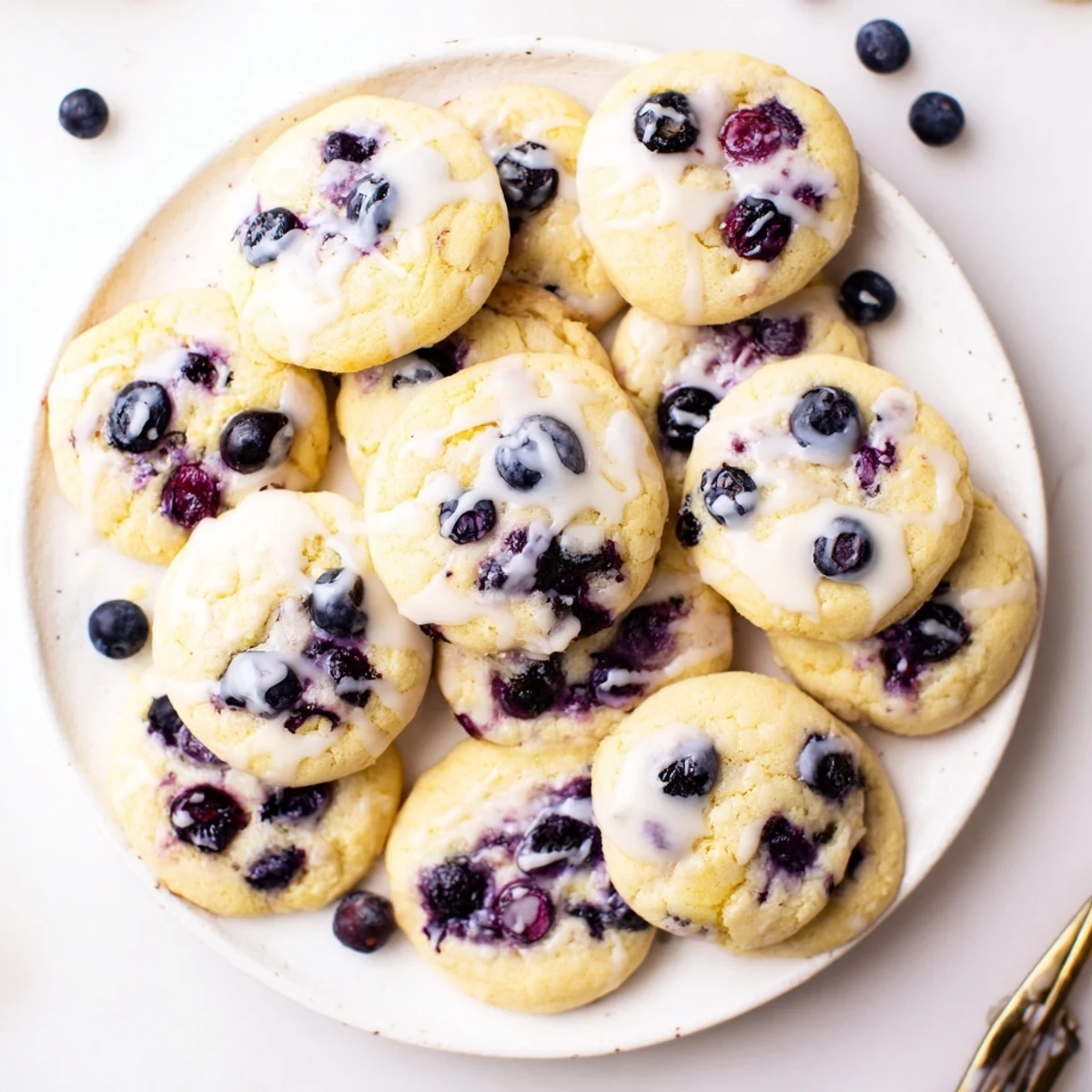 Stack of lemon blueberry cheesecake cookies drizzled with sweet glaze and topped with fresh berries