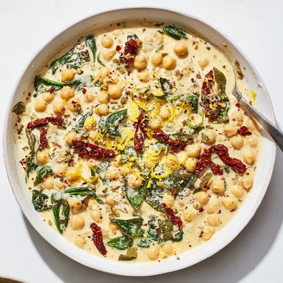 Golden chickpeas swimming in a velvety herb-infused cream sauce with sun-dried tomato pieces