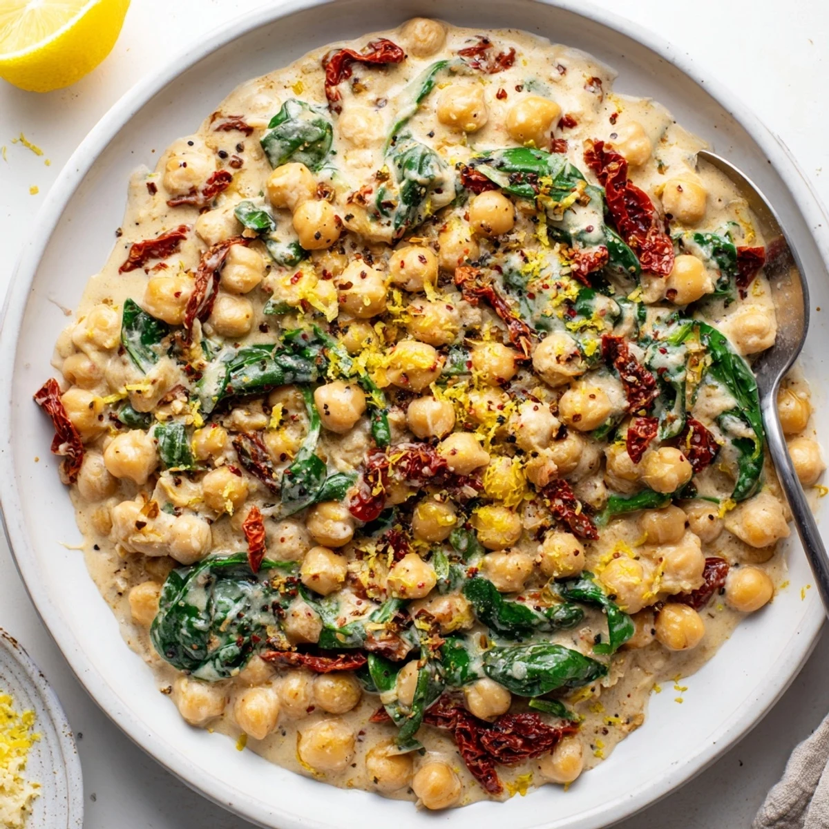 Hearty Marry Me Chickpeas plated with fresh basil garnish and lemon zest on top