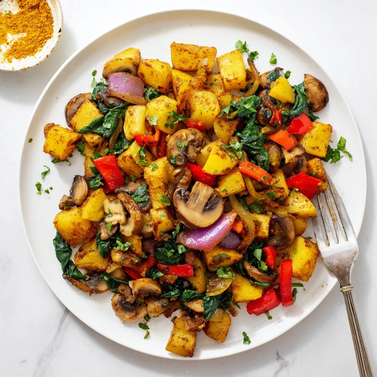 Golden crispy vegan breakfast hash with colorful peppers onions and spinach in a skillet